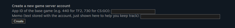 Create a new game server account